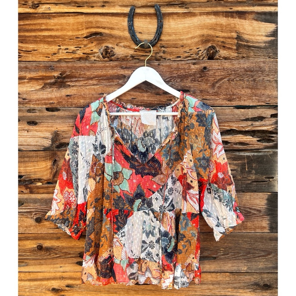 JOHNNY WAS | Multi Color Gold Metallic Fleck Silk/Cotton Baby Doll Blouse Top M